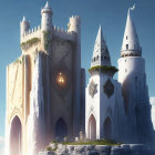 Fantasy castle with multiple towers on cliff under blue sky