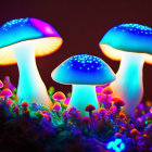 Colorful neon-lit mushrooms in dark setting with mossy terrain