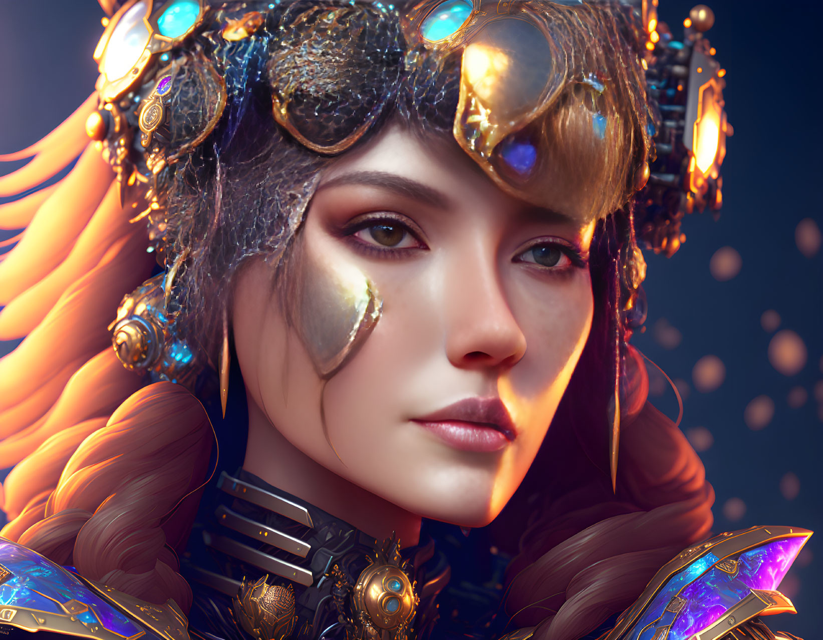 Detailed steampunk headgear on woman against blue background