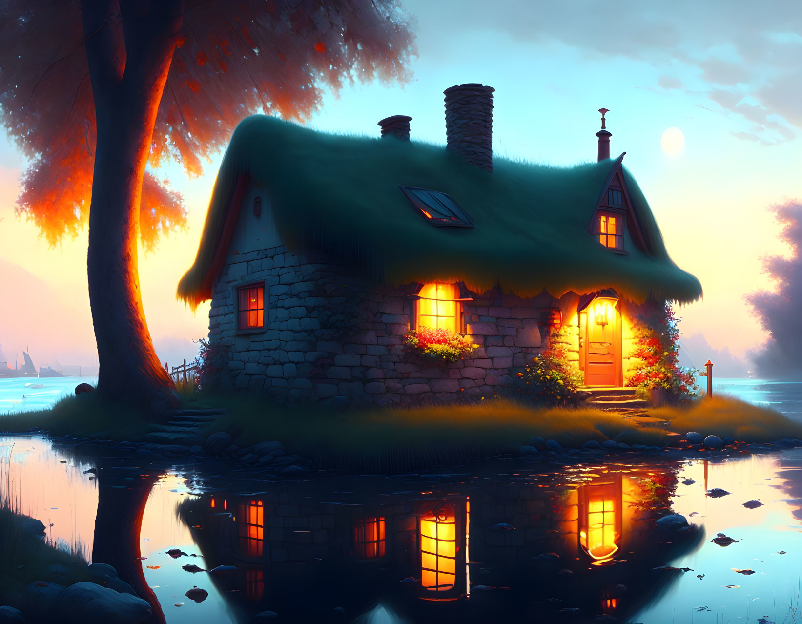 Tranquil lakeside stone cottage at twilight