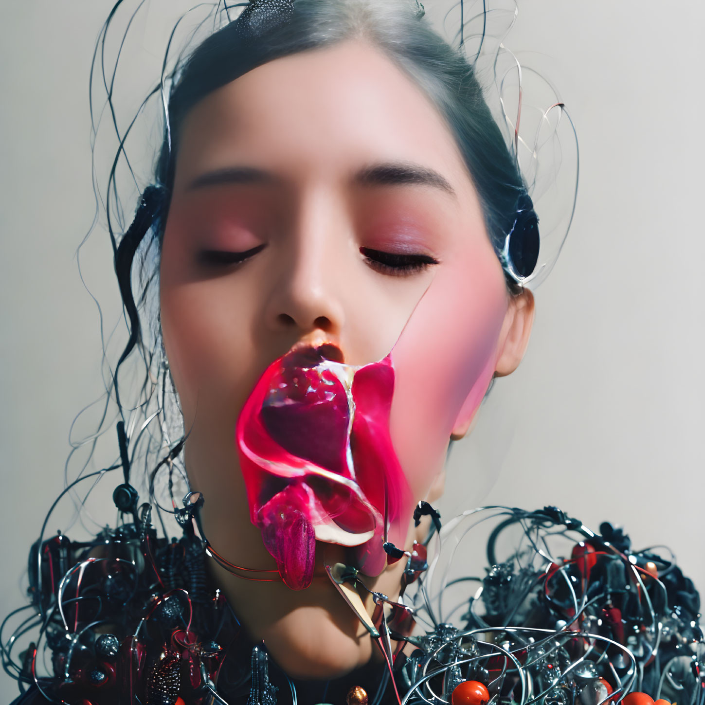 Woman with closed eyes wearing wire accessories holding pink flower.