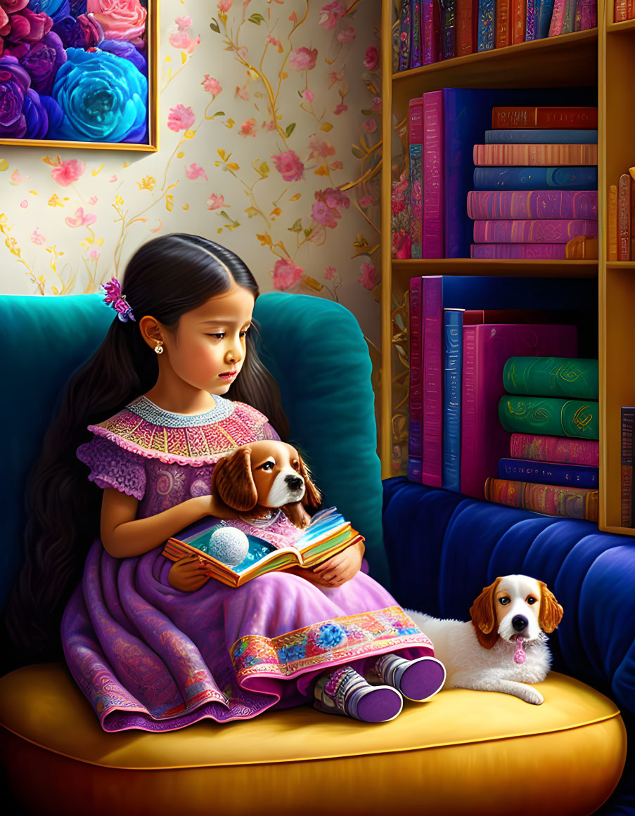 Girl in purple dress reading book with Cavalier King Charles Spaniel in cozy room