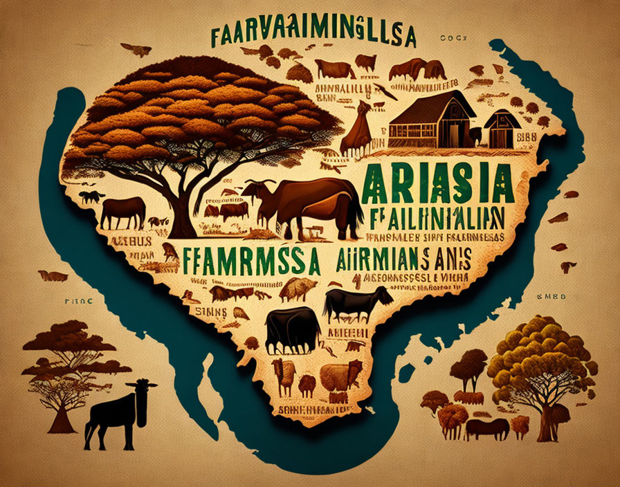 African Continent Animal Silhouettes and Tree Illustrations on Parchment Background