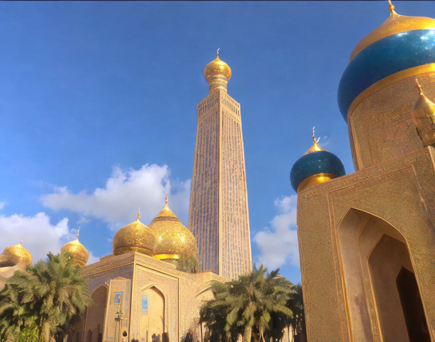 Golden-domed mosque and tall minaret under blue sky