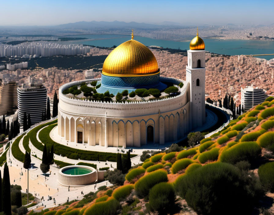 Grand mosque with golden dome and minaret in lush garden setting.