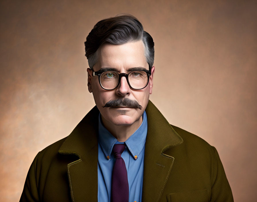 Man with Mustache and Round Glasses in Blue Shirt and Tie Portrait