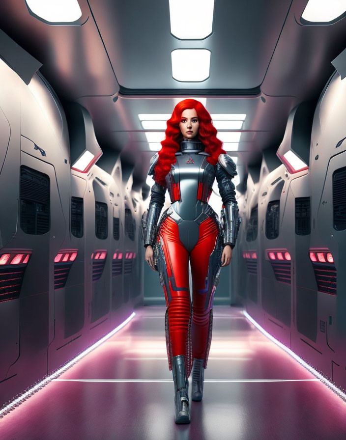 Bright red-haired woman in futuristic spacesuit inside illuminated spacecraft