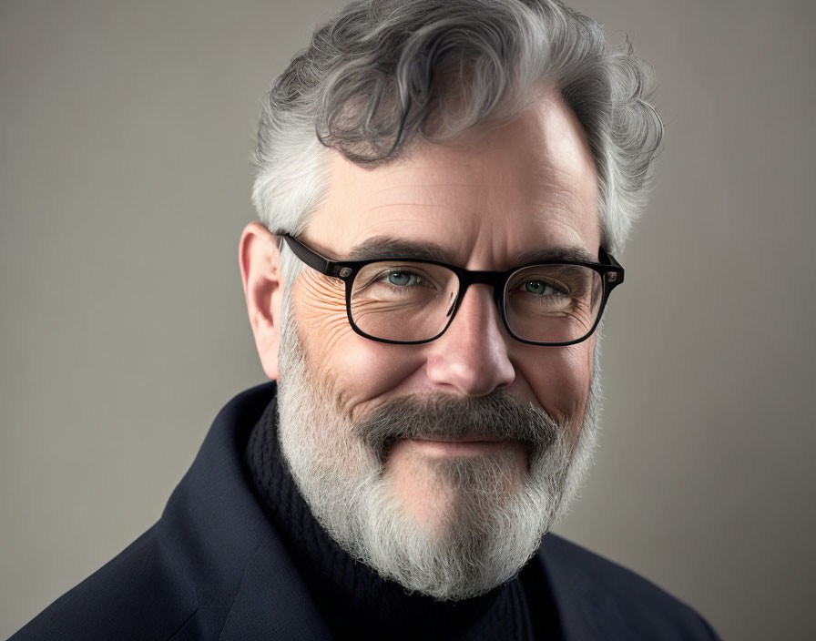 Smiling older man with gray hair, beard, and glasses in turtleneck and suit jacket