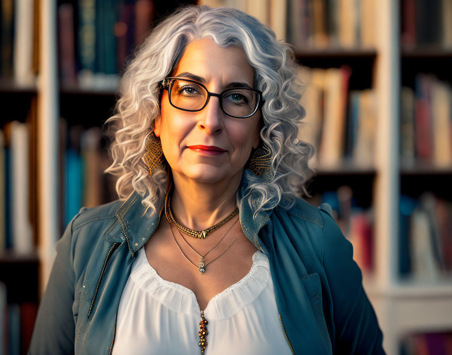 Gray-Haired Woman Smiling in Front of Bookshelf