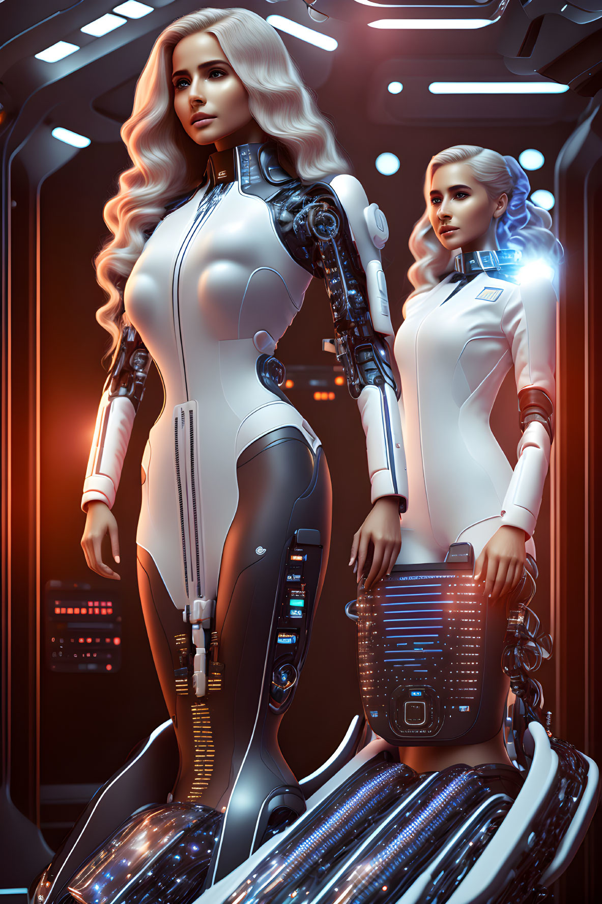 Sophisticated Female Androids in High-Tech Corridor Display Human-Robot Blend