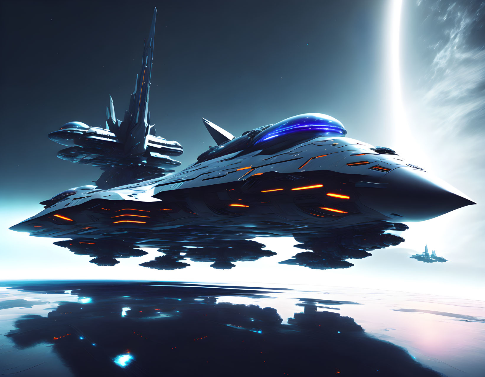 Futuristic spaceship hovering over reflective surface with other ships and planet backdrop.