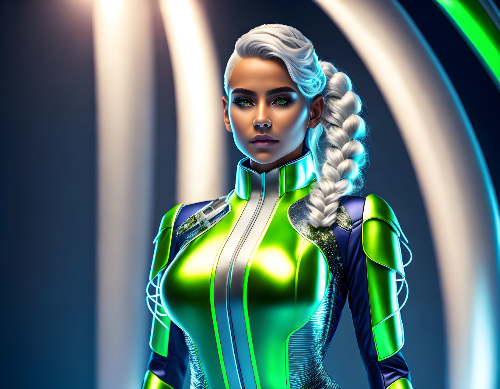 Platinum blonde braided hair woman in futuristic green suit on blue-lit background