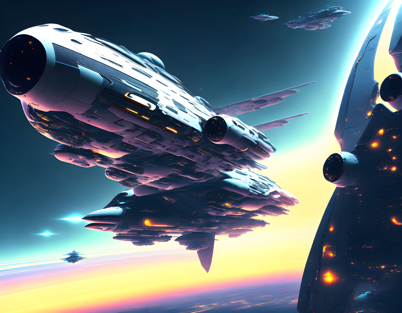 Futuristic spaceship in vivid celestial backdrop with glowing astral bodies