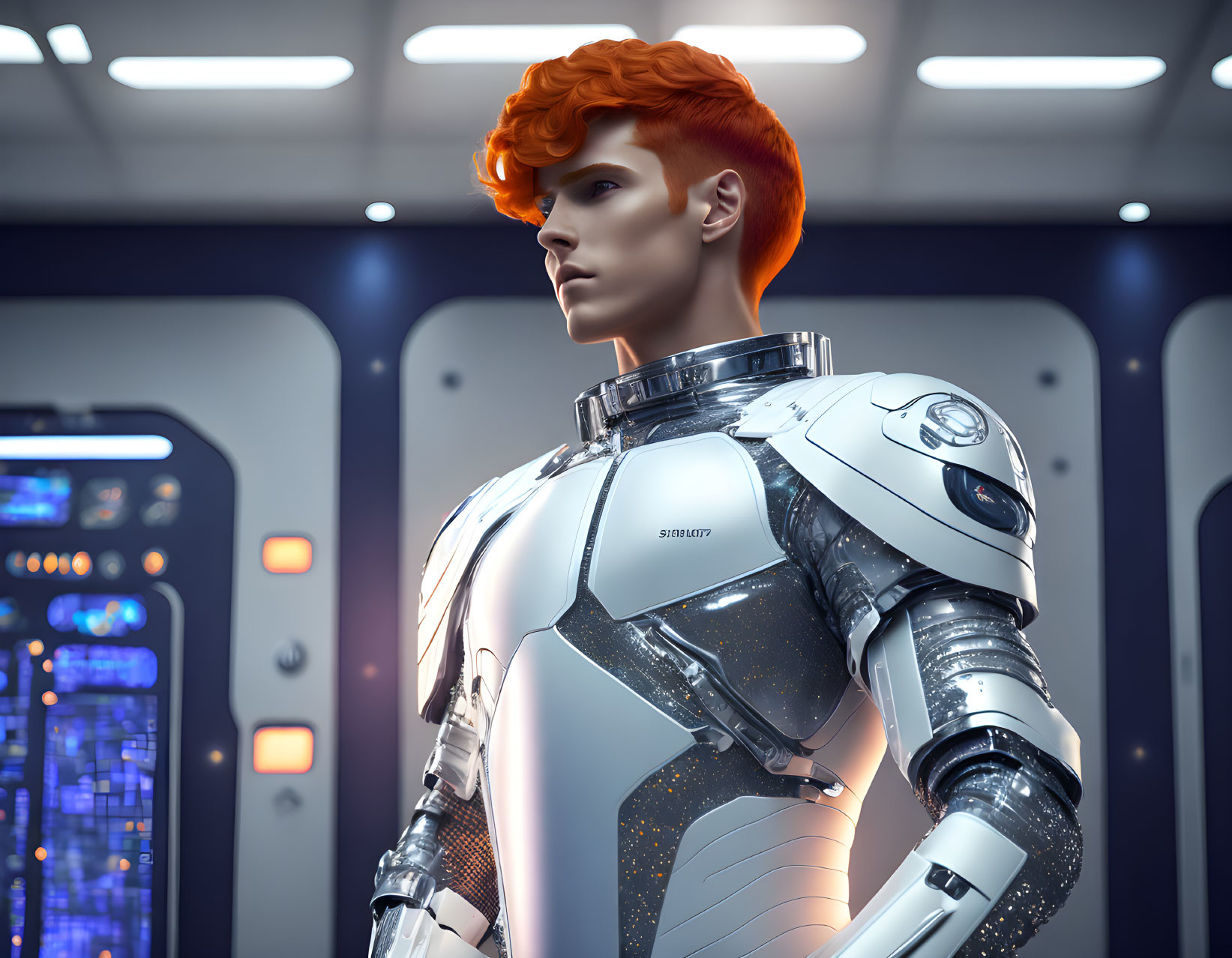 Detailed humanoid robot with orange hair in futuristic spaceship interior