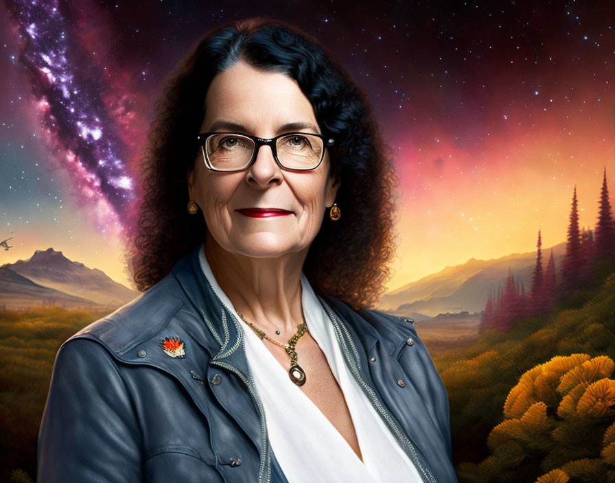 Elderly woman in glasses smiles against colorful alien backdrop