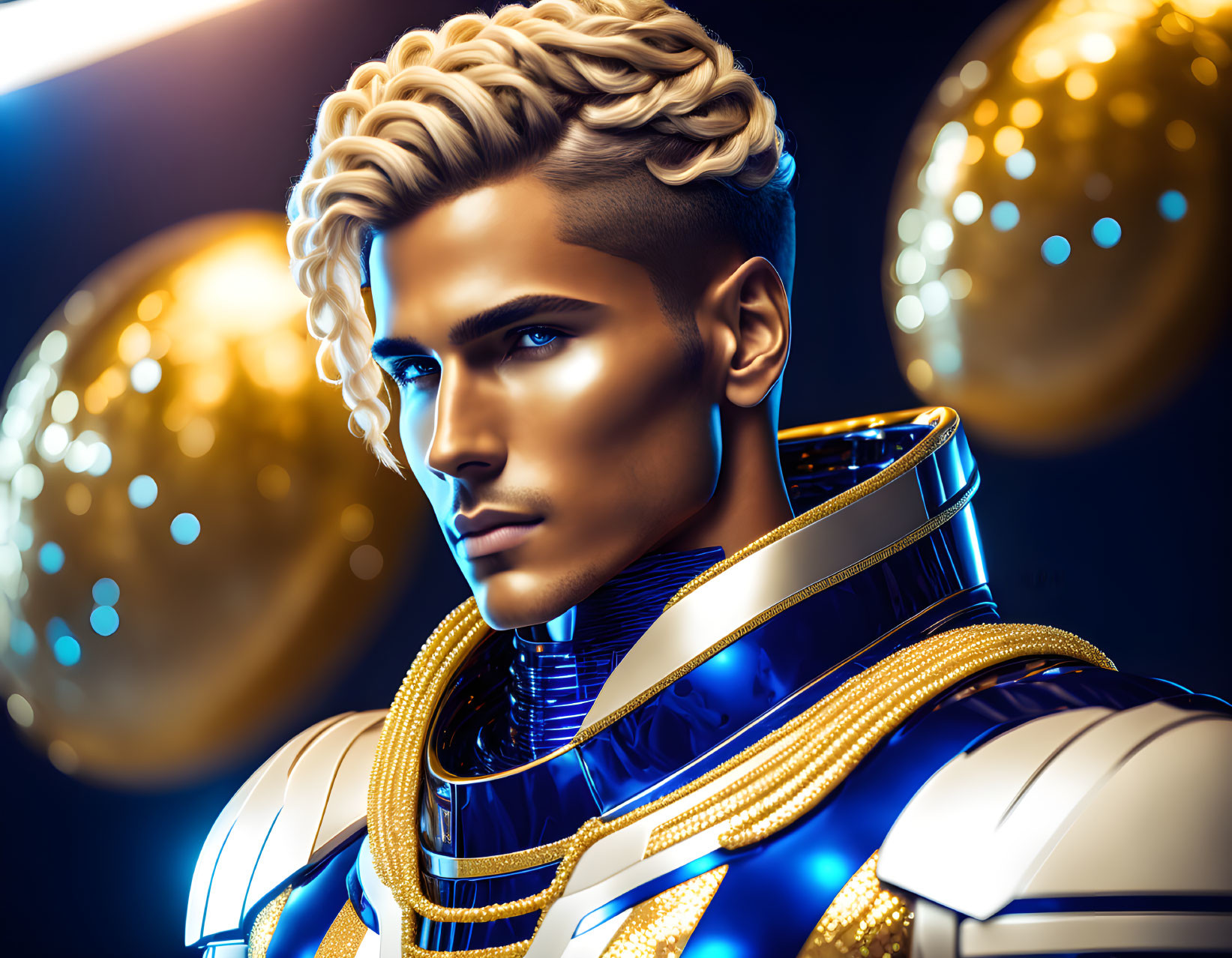 Blond-haired male in blue and gold armor with golden orbs.