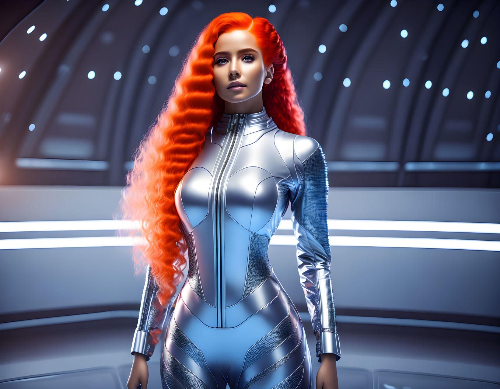 Vibrant red-haired woman in silver bodysuit in futuristic sci-fi setting