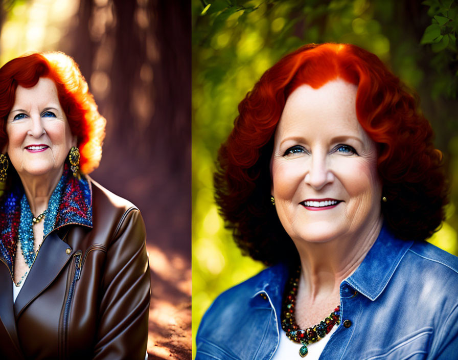 Elderly Woman Portraits: Red Hair, Leather & Denim Jackets