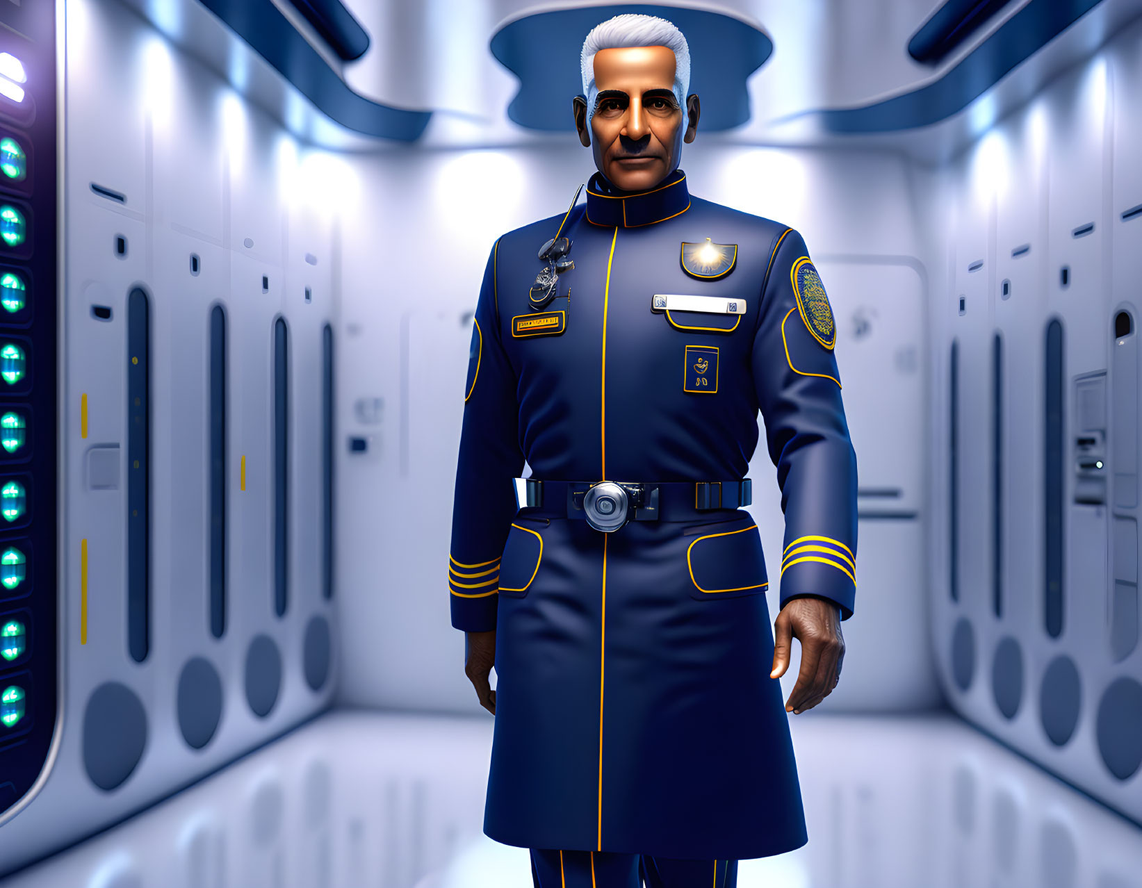 Futuristic 3D rendering of confident man in blue uniform in spaceship corridor