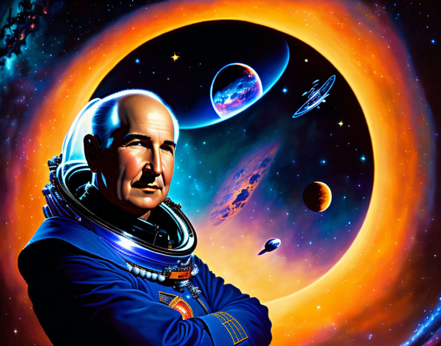 Stylized illustration of man in space suit with cosmic backdrop