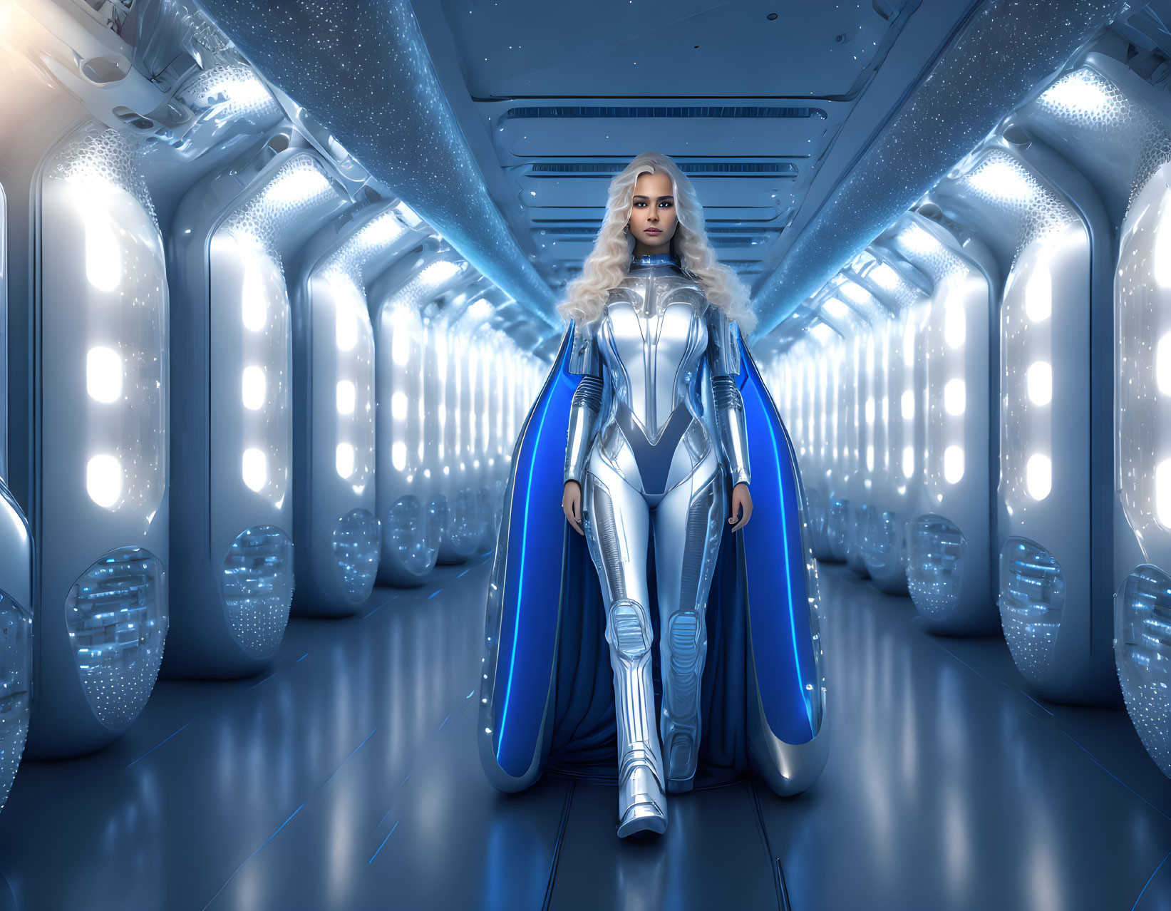 Confident woman in blue & white superhero costume in futuristic sci-fi corridor