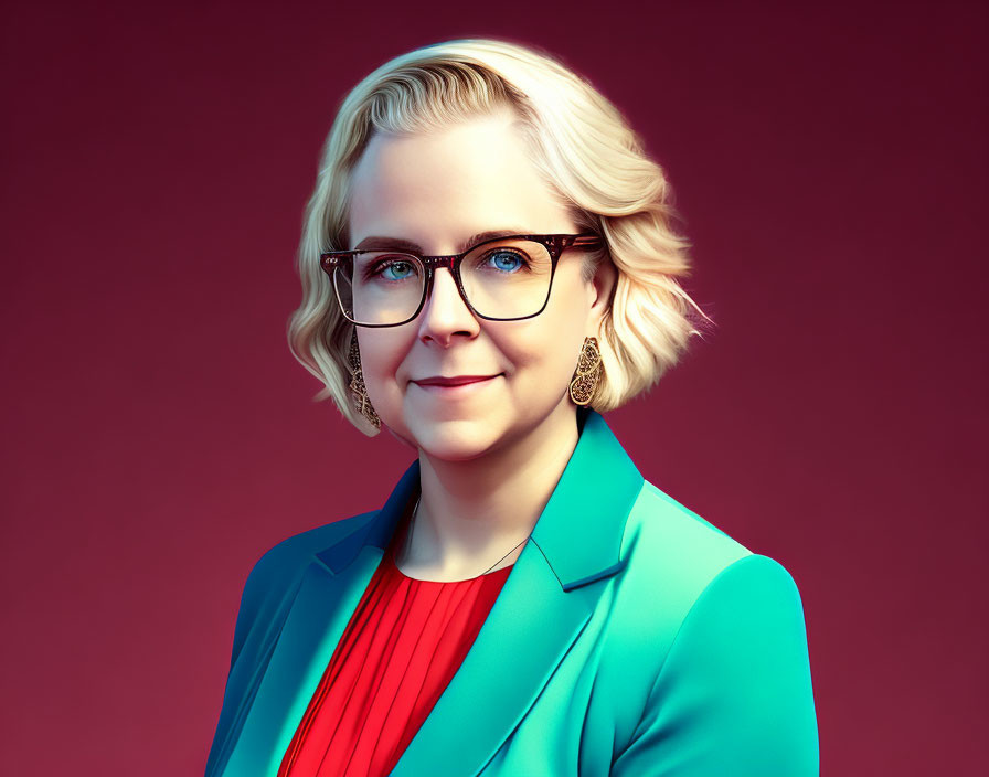 Blonde Woman in Teal Blazer and Glasses Smiling on Maroon Background