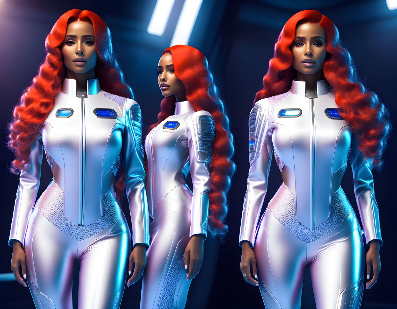 Female with Red Hair in Futuristic White Spacesuit in Blue-Lit Environment