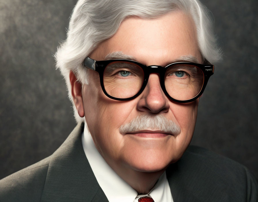 Elderly man with white hair, glasses, suit, and red tie portrait