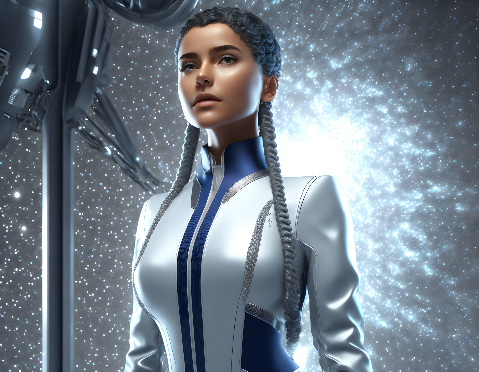 Woman with braided hair in futuristic suit against starry space.