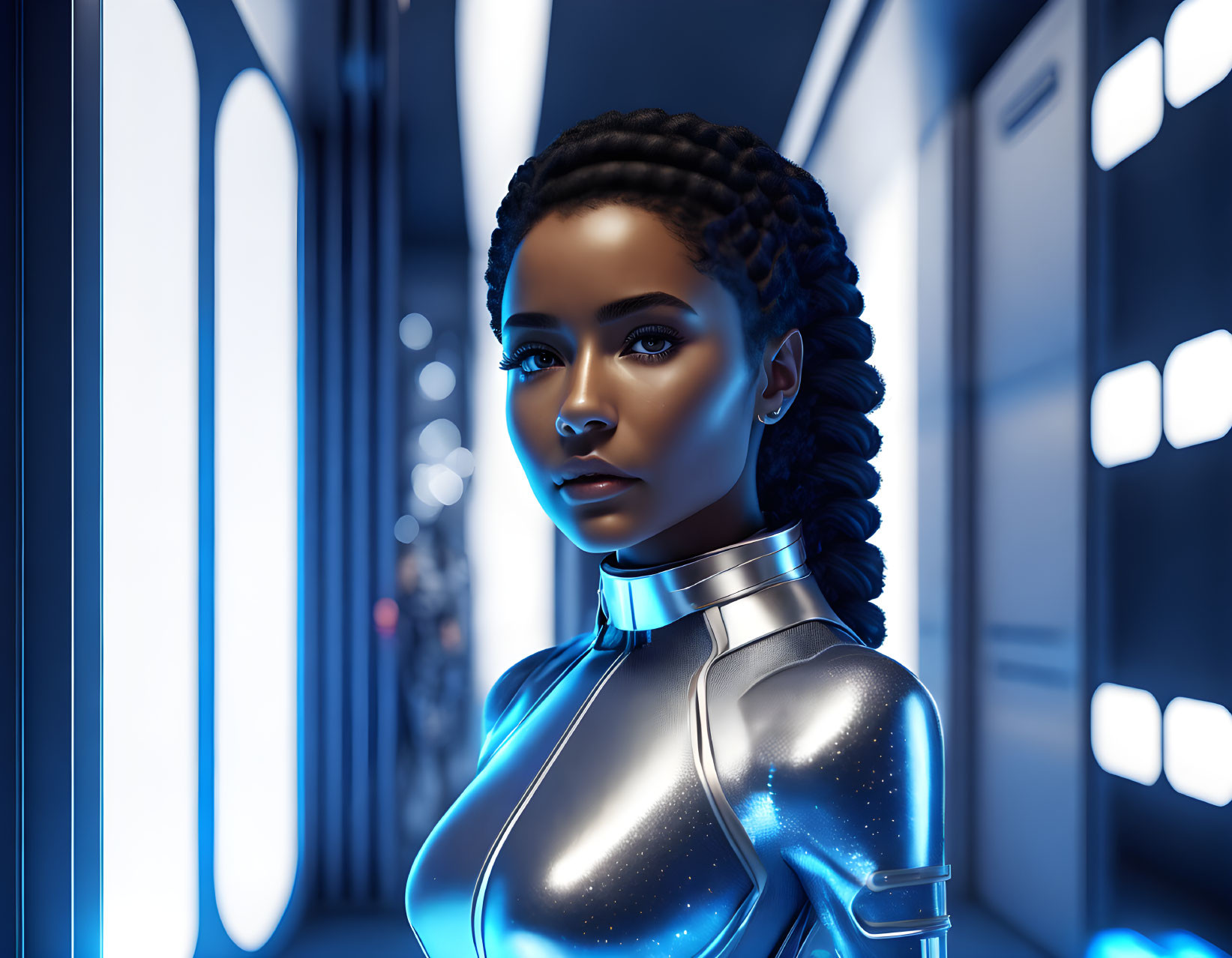 Futuristic digital illustration of woman in glowing suit in spaceship corridor