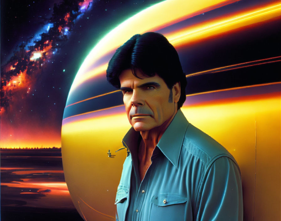 Dark-haired man in blue shirt against space-themed background