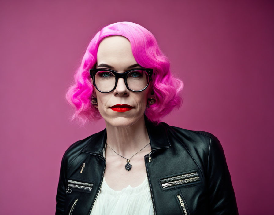 Woman with Pink Hair and Glasses in Leather Jacket on Pink Background