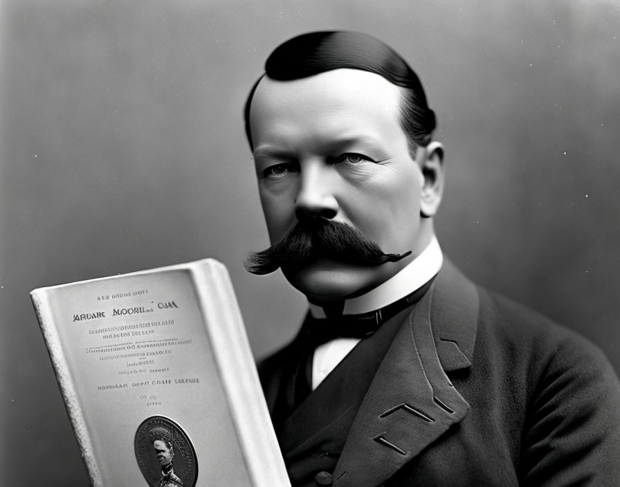 Vintage photograph: man with styled mustache holding open book and portrait.