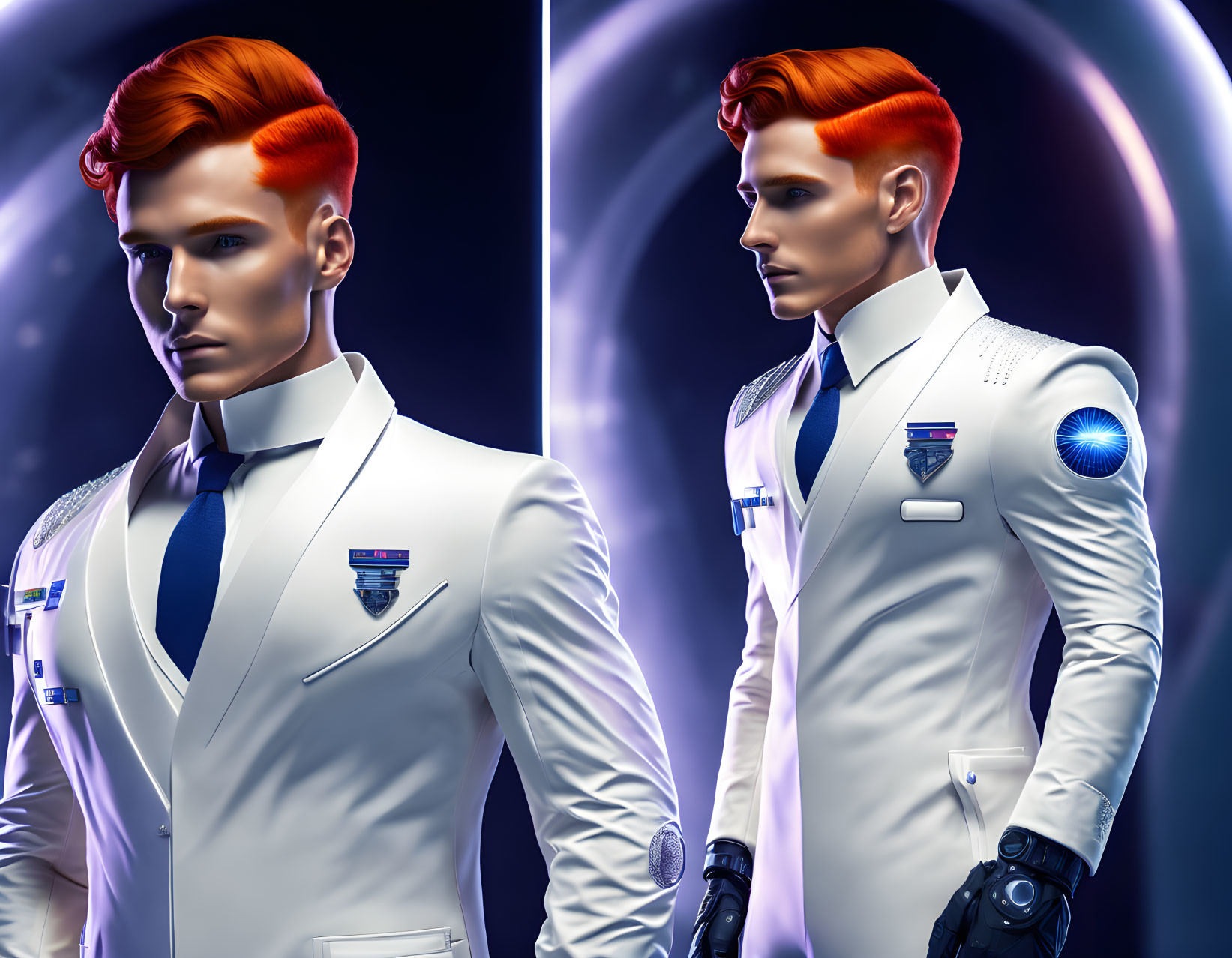 Striking red-haired man in futuristic white uniform against space backdrop