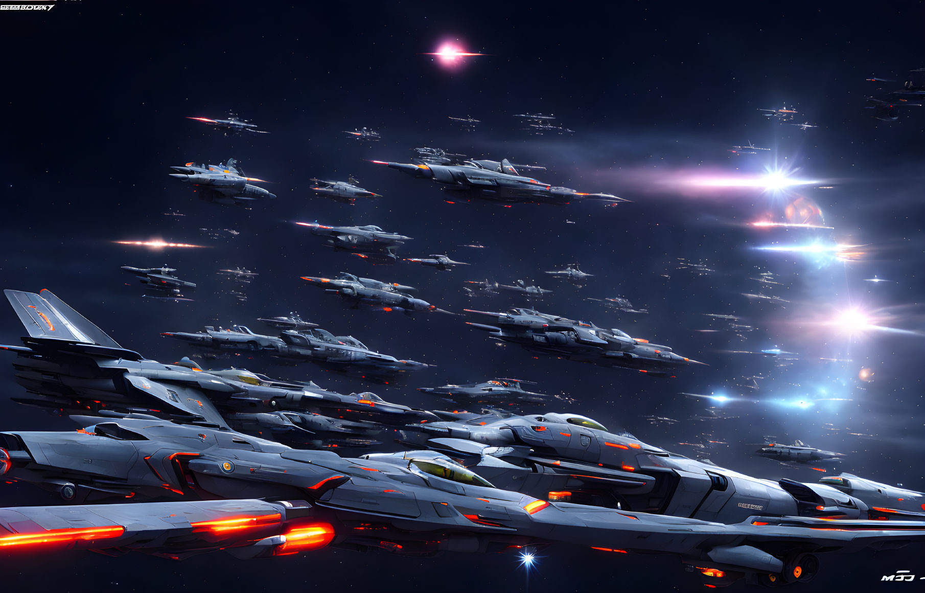 Futuristic spacecraft fleet in deep space with stars and cosmic phenomena