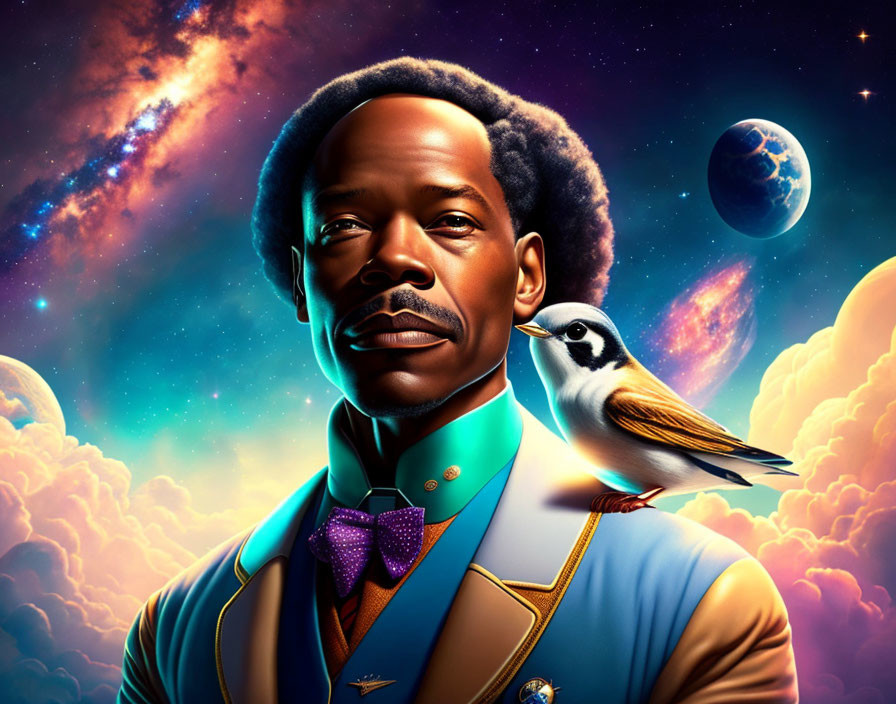 Man with Afro in Teal Suit & Bow Tie Against Cosmic Backdrop