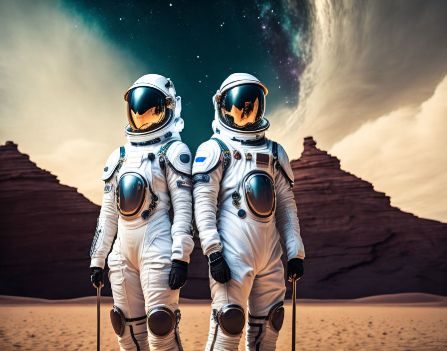 Astronauts in white space suits on Mars-like terrain with starry space above