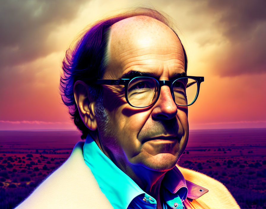 Colorful portrait of balding man with glasses in sunset setting