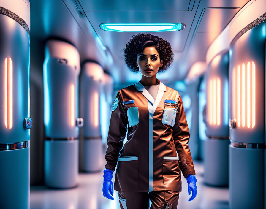 Futuristic woman in blue gloves in sci-fi corridor with illuminated pods