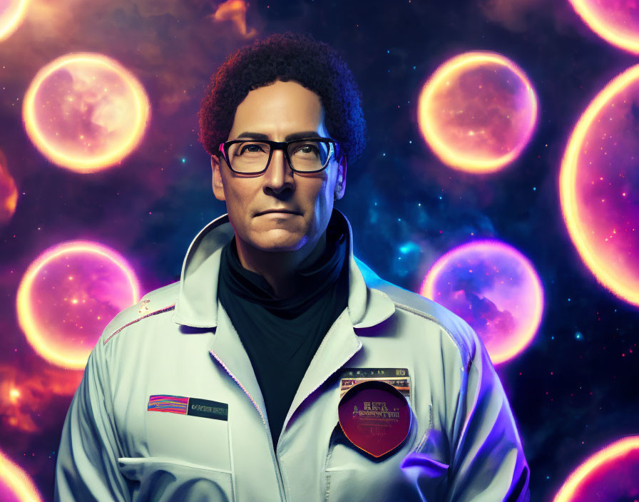 Person in White Space-Themed Jacket with Patches and Glasses in Cosmic Setting