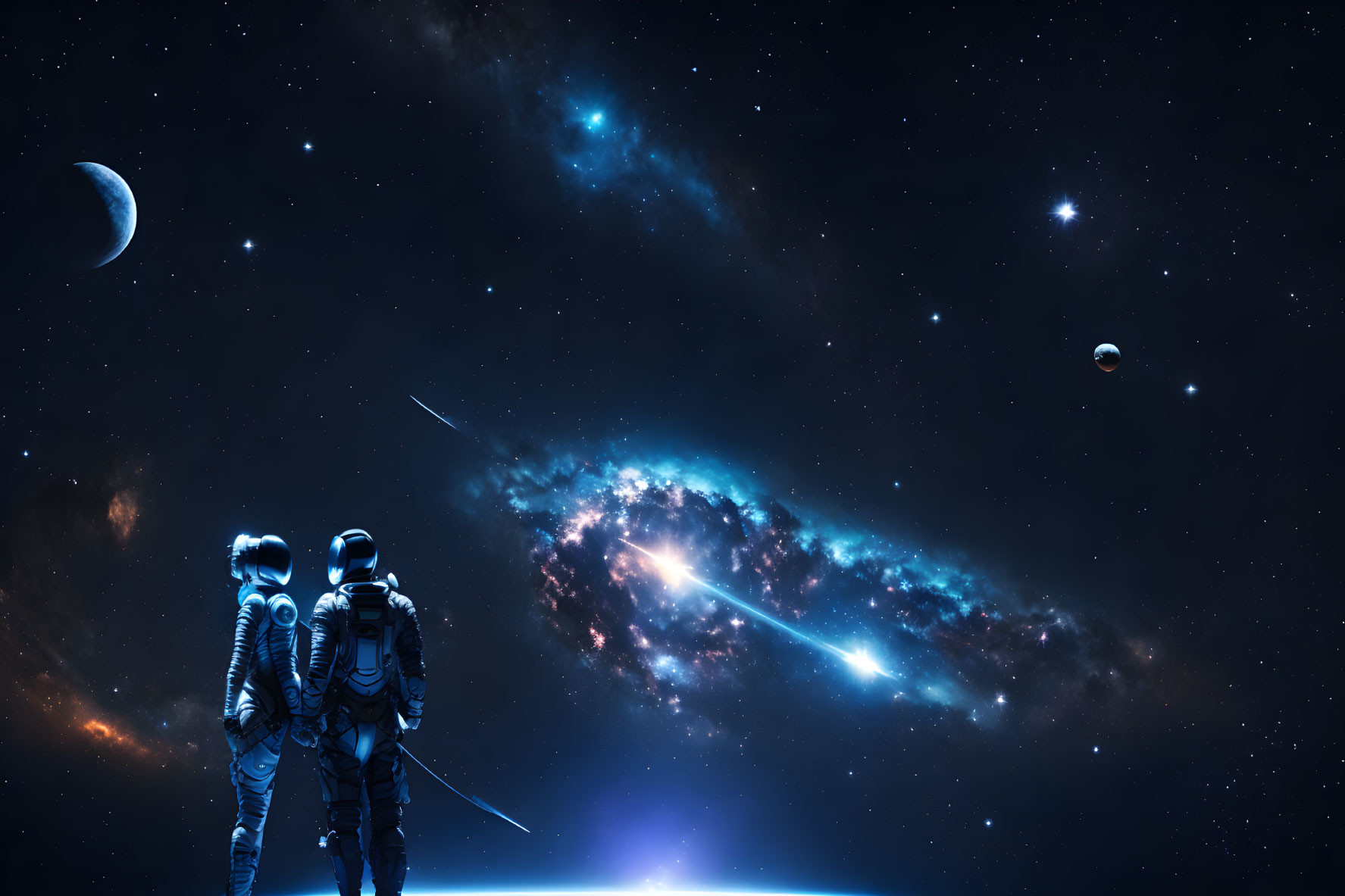 Astronauts in space with starry sky, galaxy, moon, planets