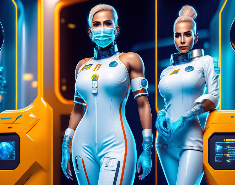 Futuristic space uniforms with yellow control panels and neon-lit corridor