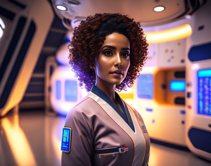 Curly-haired woman in futuristic spaceship corridor with stylish uniform and high-tech panels