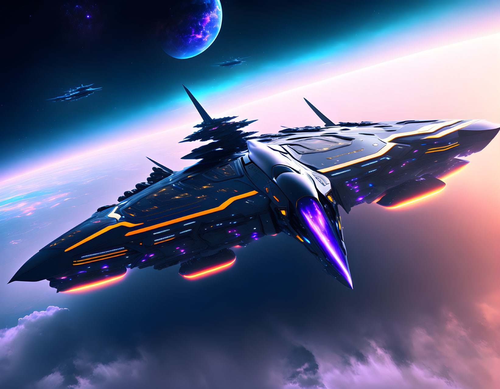 Futuristic spaceship in vibrant outer space with glowing engines