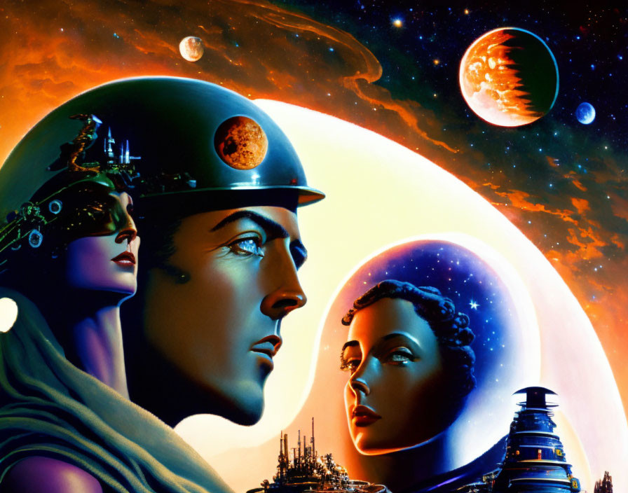 Male and female figures in futuristic helmets with cityscape and celestial backdrop.