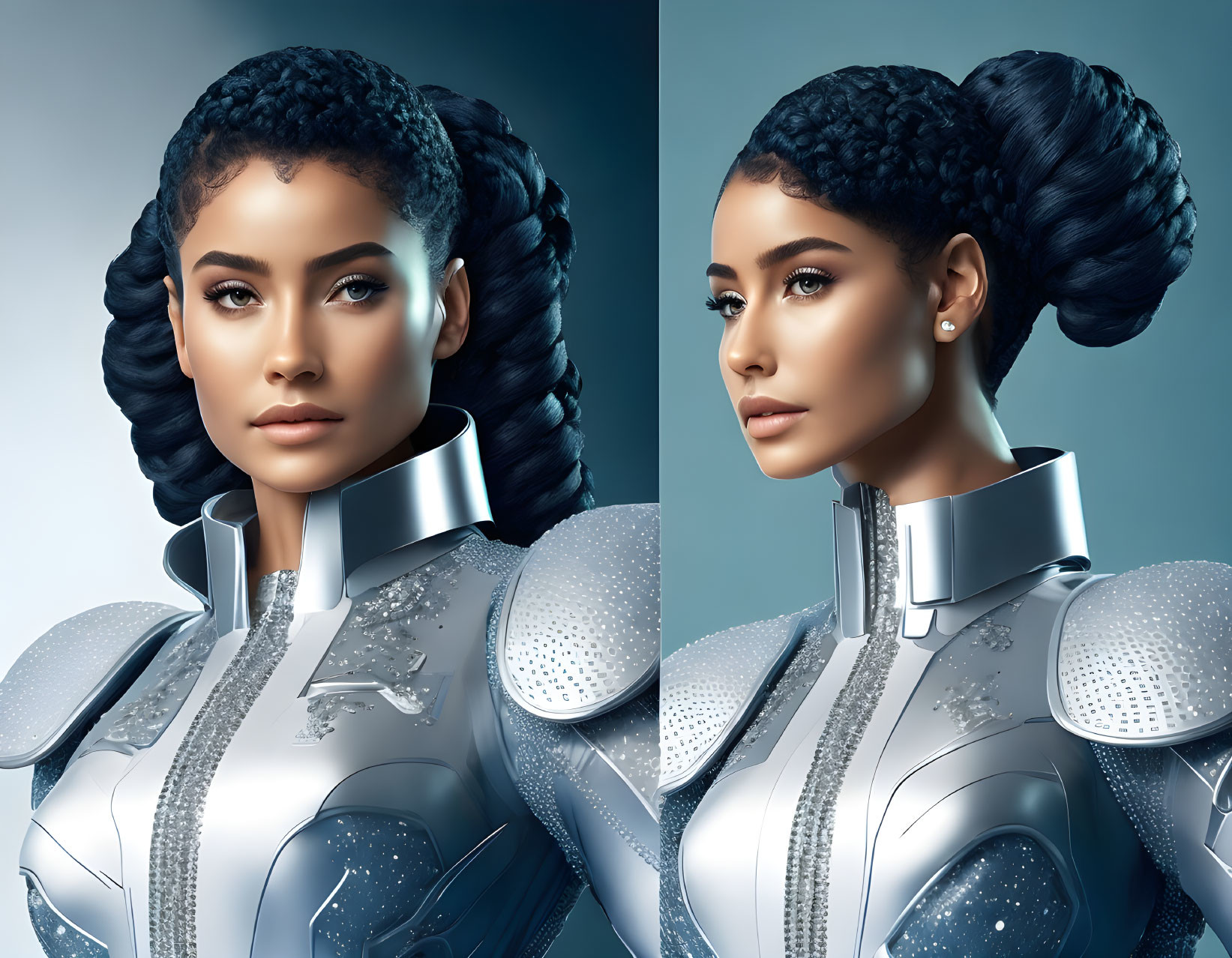 Futuristic silver armor woman in two poses