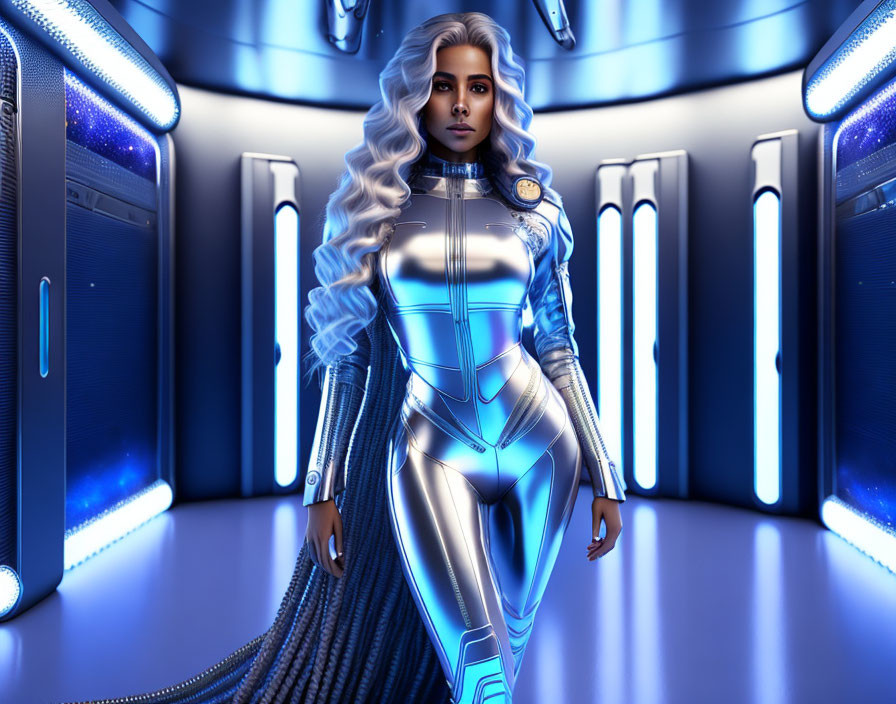 Long-Haired Woman in Futuristic Silver Bodysuit Amid Neon Blue-Lit Corridors