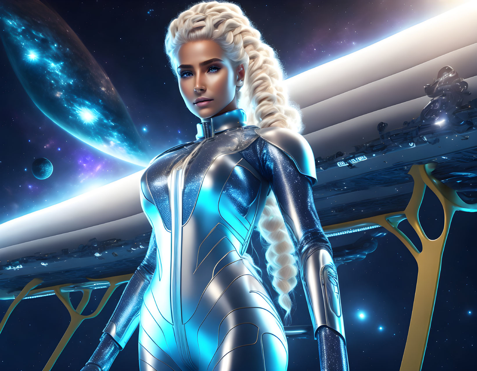 Platinum-haired female in silver suit with cosmic backdrop