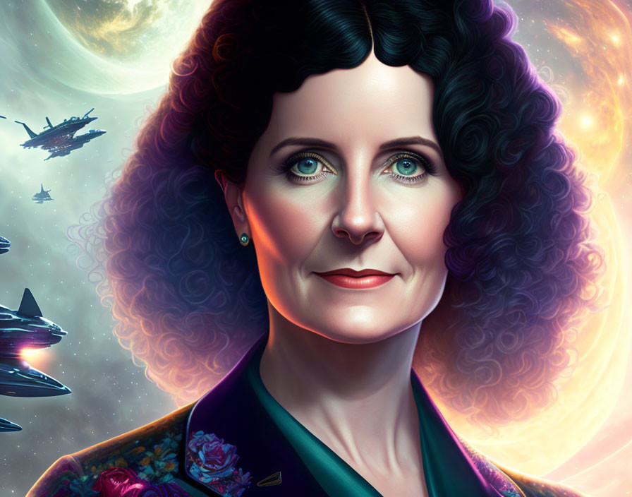 Illustrated portrait of woman with green eyes and curly hair in cosmic setting.