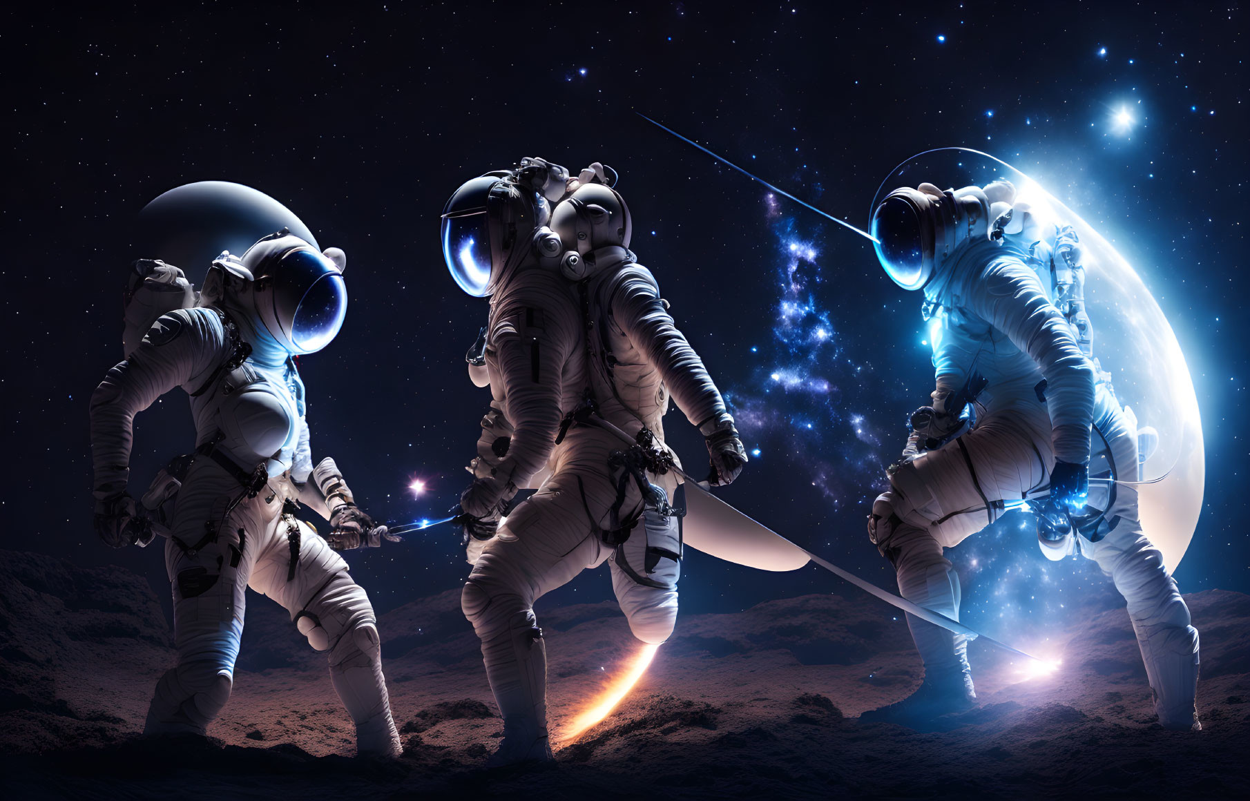 Astronauts spacewalking on rocky terrain under moon and stars